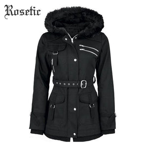 Rosetic Gothic Coat Vintage Women Black Casual Autumn Zippers Belt Hooded Trench Slim Outerwear Punk Streetwear Retro Goth Coats - 64 Corp