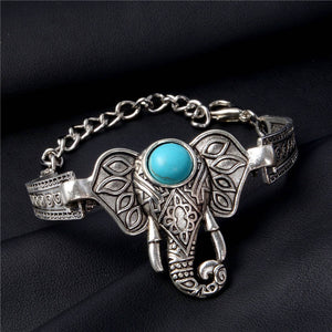 QCOOLJLY Women Bohemian Retro Vintage Silver Color Owl Fatima Elephant Moon Stone Charm Bracelets Bangles Boho Jewelry - 64 Corp