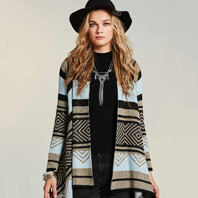 Autumn Winter Warm Poncho Shawls Geometric Vintage Blanket Women's Lady Knit Shawl Cape  Gray Blue Stripe Patchwork Long Sleeve - 64 Corp