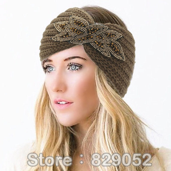Women's Beaded Knitted Wool Headbands Boho Flower Turban Head Wrap Bandage Winter Ear Warmer Girls Hairband Hair Accessories - 64 Corp