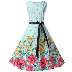 Floral Print Women Summer Dress Hepburn 50s 60s Retro Swing Vintage Dress A-Line Party Dresses With Belt jurken Plus Size - 64 Corp