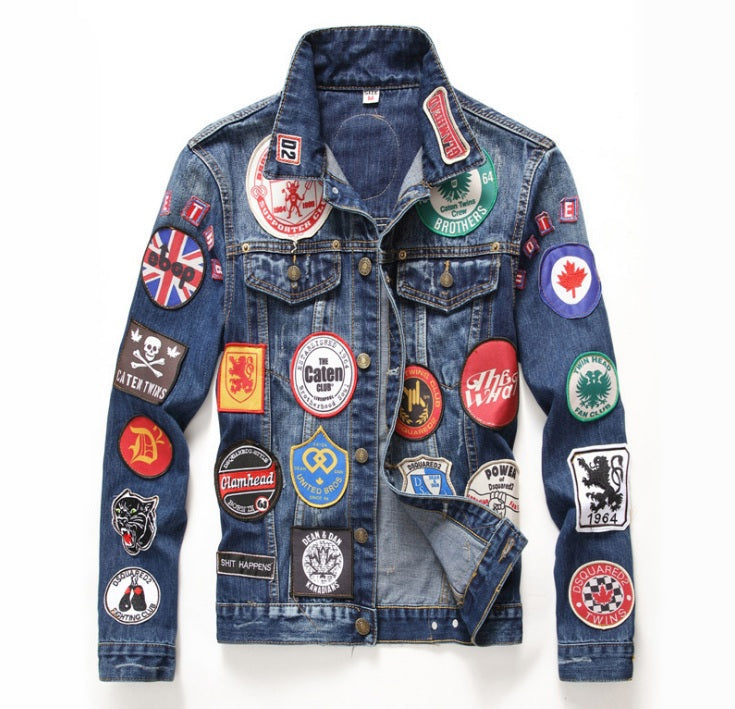 2017 winter European American Style Pattern mens Badge denim jacket brand luxury men Outerwear & Coats blue denim jacket - 64 Corp