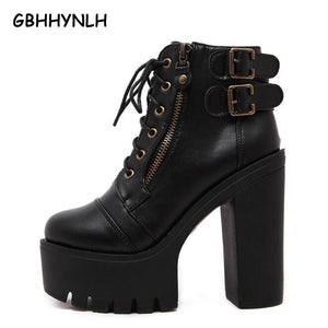 chunky high heels winter autumn motorcycle boots women booties platform shoes woman women ankle boots black punk boots LJA44 - 64 Corp