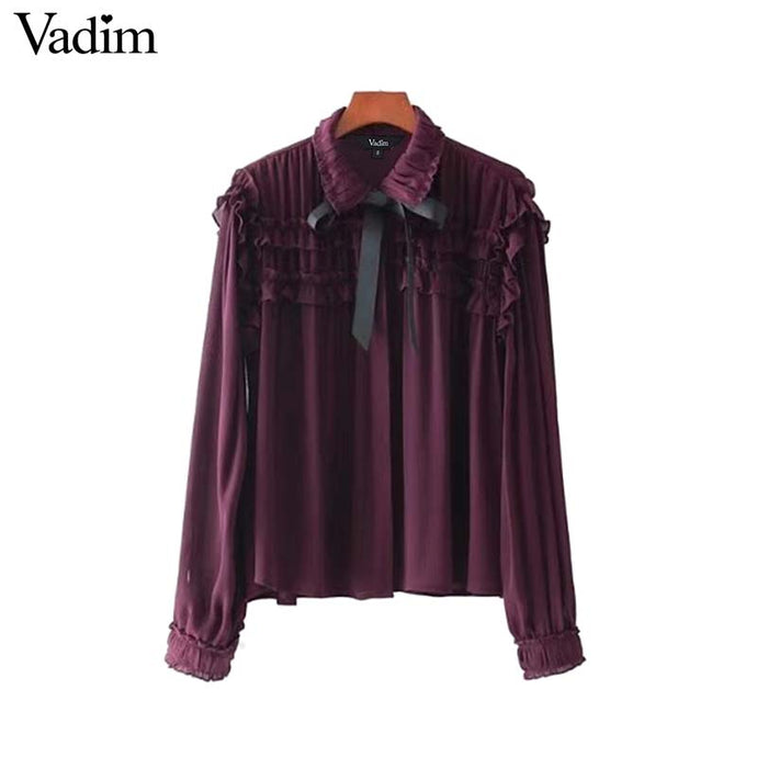 Vadim women sweet ruffled chiffon shirts bow tie neck transparent pleated long sleeve cute blouse casual chic tops blusas LT2453 - 64 Corp