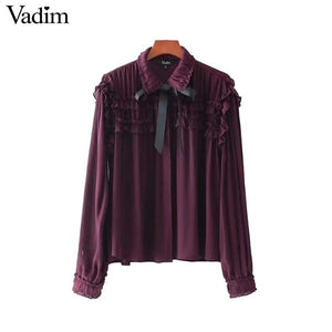 Vadim women sweet ruffled chiffon shirts bow tie neck transparent pleated long sleeve cute blouse casual chic tops blusas LT2453 - 64 Corp