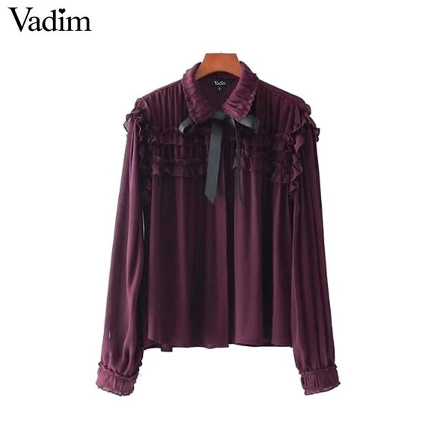 Vadim women sweet ruffled chiffon shirts bow tie neck transparent pleated long sleeve cute blouse casual chic tops blusas LT2453 - 64 Corp