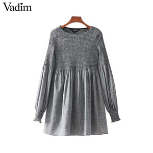 Vadim pleated vintage houndstooth plaid long shirts elastic long sleeve blouse casual chic tops blusas mujer LT2454 - 64 Corp