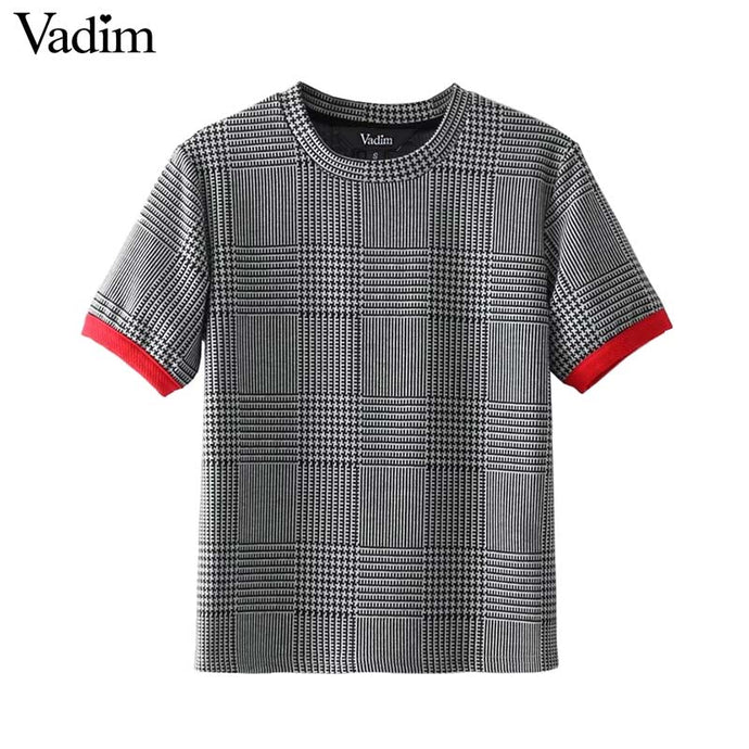 Vadim women elegant plaid shirt houndstooth short sleeve o neck blouse vintage basic fashion casual chic tops blusas DT1312 - 64 Corp