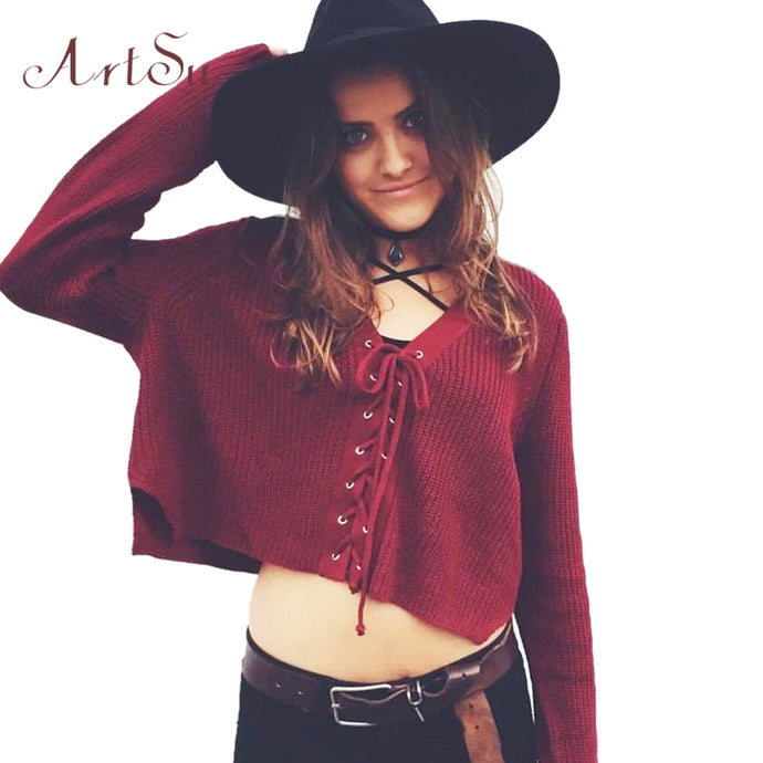 ArtSu 2017 Long Sleeve Sweater Casual Loose Preppy Crop Tops Autumn Short Knitted Lace Up Sweaters Jumper Cardigan ASSW30010 - 64 Corp