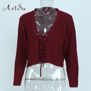 ArtSu 2017 Long Sleeve Sweater Casual Loose Preppy Crop Tops Autumn Short Knitted Lace Up Sweaters Jumper Cardigan ASSW30010 - 64 Corp