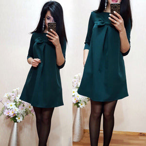 Women Elegant Spring Red Green Dress O-neck 3/4 Sleeve Casual Loose Dress - 64 Corp