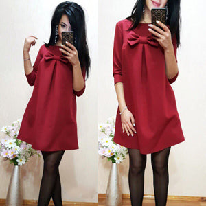 Women Elegant Spring Red Green Dress O-neck 3/4 Sleeve Casual Loose Dress - 64 Corp