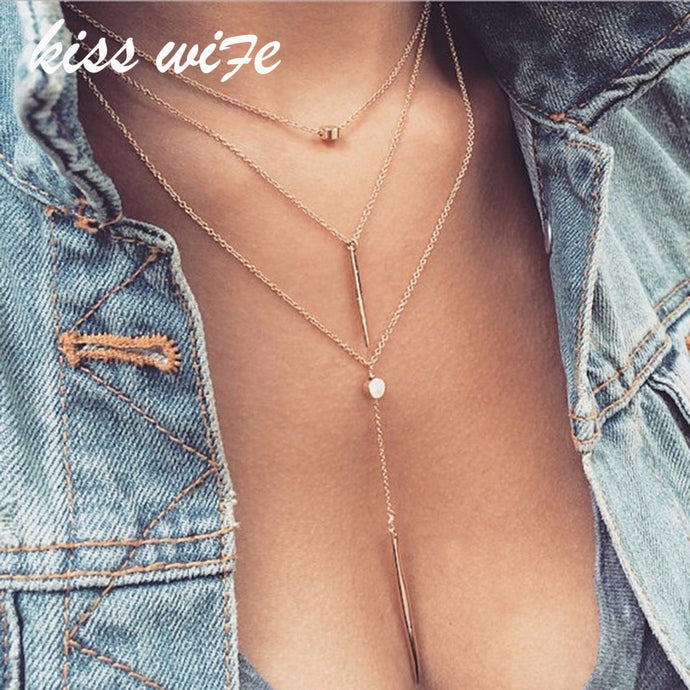 KISS WIFE Women Necklaces & Pendants 3 multi layer Necklace Tassel Charm Bar statement Necklace for Women gift - 64 Corp