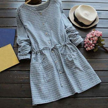 Mferlier Mori Girl Autumn Winter Artsy Plaid Dress O Neck Drawstring Waist Sweet Pocket Lace Patchwork Blue Pink Dresses - 64 Corp