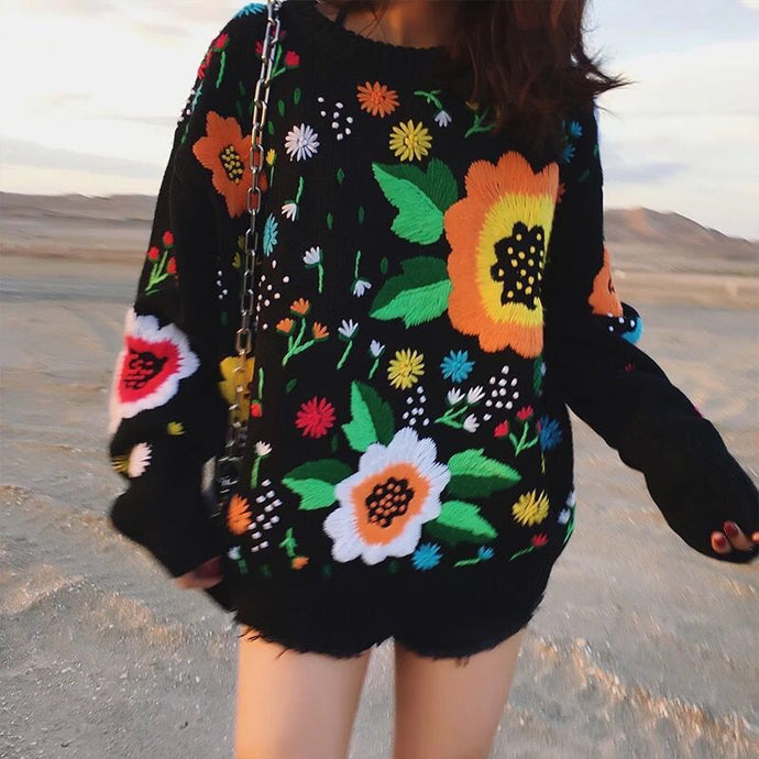 Boho Winter Sweater for Women Black Retro Vintage Runway Flowers Embroidery Sweater Warm Loose Knitted Jumper Womens Sweaters - 64 Corp
