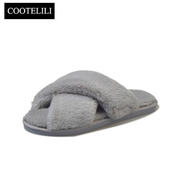 COOTELILI Winter Women Home Slippers with Faux Fur Fashion Warm Shoes Woman Slip on Flats Female Slides Black Pink Plus Size 41 - 64 Corp