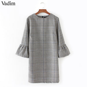 Vadim women vintage flare sleeve houndstooth dress basic plaid bell sleeve brand autumn mini dresses vestidos mujer QZ3247 - 64 Corp