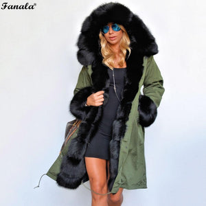 FANALA 2018 Fashion Women's  Faux Fur Lining Hooded Long Coat Parkas Outwear Army Green Large Raccoon Fur Collar Winter Jacket
