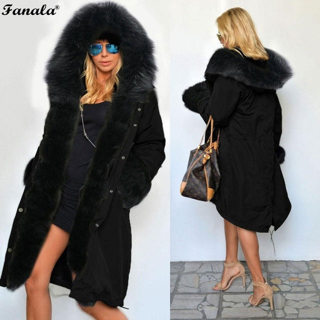 FANALA 2018 Fashion Women's  Faux Fur Lining Hooded Long Coat Parkas Outwear Army Green Large Raccoon Fur Collar Winter Jacket