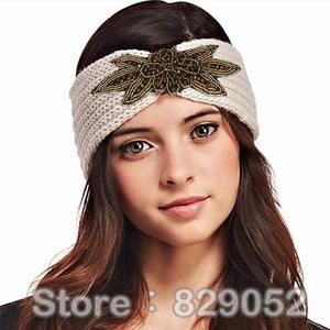 Boho Shiny Knitted Wool Headband for Women Girls Beaded Flower Turban Headbands Headwrap Winter Ear Warmer Hair Accessories - 64 Corp