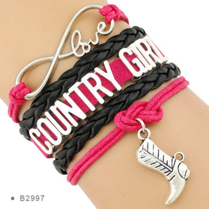 Country Boy Girl Cowboy Cowgirl Hat Boots Infinity Charm Bracelets Antique Silver Handmade Adjustable Jewelry Women Men Gift - 64 Corp