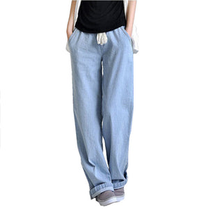 New Plus size comfortable Washed blue loose wide leg denim pants women's jeans elastic waist cowboy full long trousers pants - 64 Corp