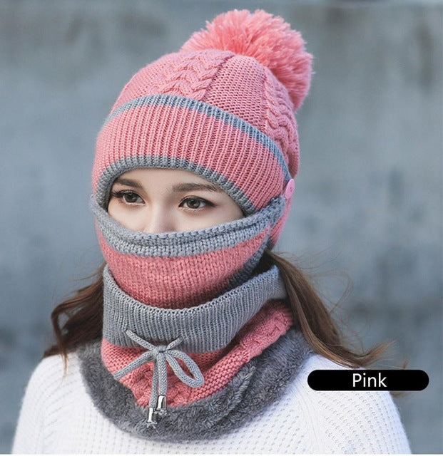 2017 Women Hat Scarf Winter Sets Cap Mask Collar Face Protection Girls Cold Weather Accessory Women Ball Caps Scarf Knitted Wool - 64 Corp