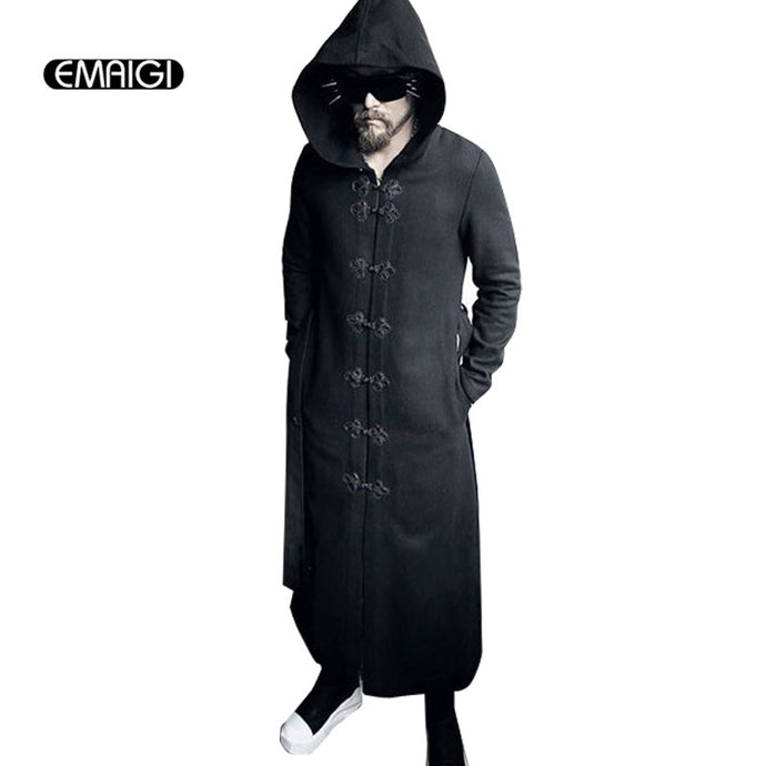 Men hoody wool trench coat male fashion long belt trench jacket gothic punk style hooded woolen windbreaker stage costume - 64 Corp