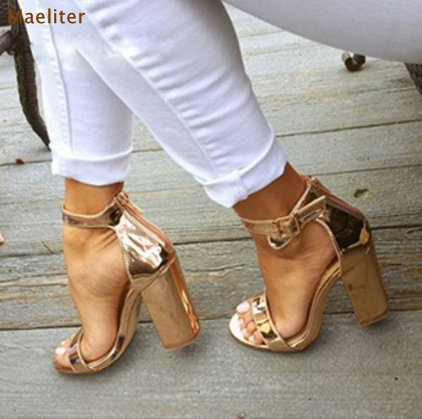 Women Chic Champagne Patent Leather Sandals Square Thick High Heels Pumps Covered Heel Single Strap Gladiator Shoes Golden Pumps - 64 Corp