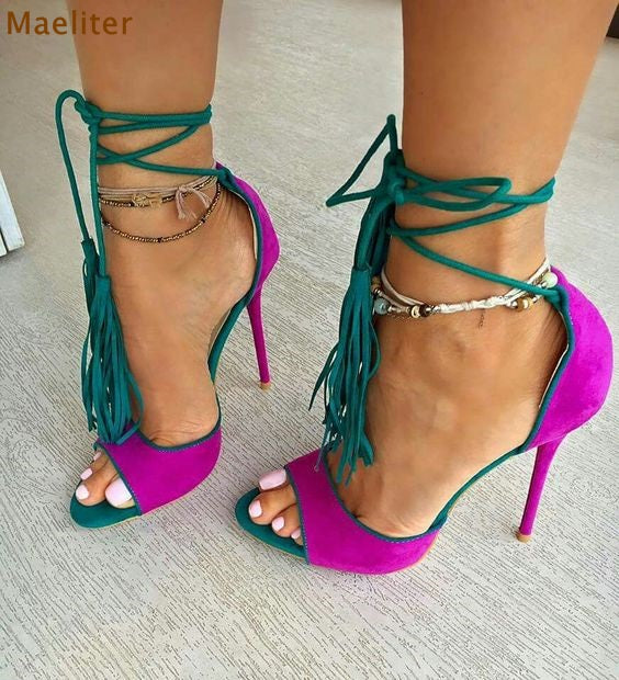 Women Chic Fuchsia Suede Fringe Sandals Concise Ultra High Heels Lace-up Tassel Shoes Rose Red Yellow Cross Tied Dress Pumps - 64 Corp