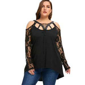 Gamiss Autumn Spring Top T-Shirt Women Halloween Plus Size Cold Shoulder Lace Up Top Black Lace T-Shirt Long Sleeve Big Size 5XL - 64 Corp