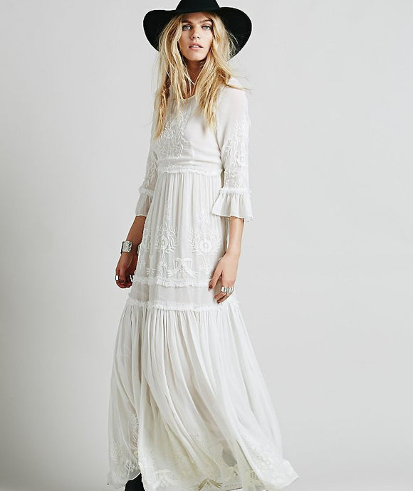 2018 new free shipping Bohemia embroidery maxi dress women's white ruffles elegant sweet long loose dress fashion party dresses - 64 Corp