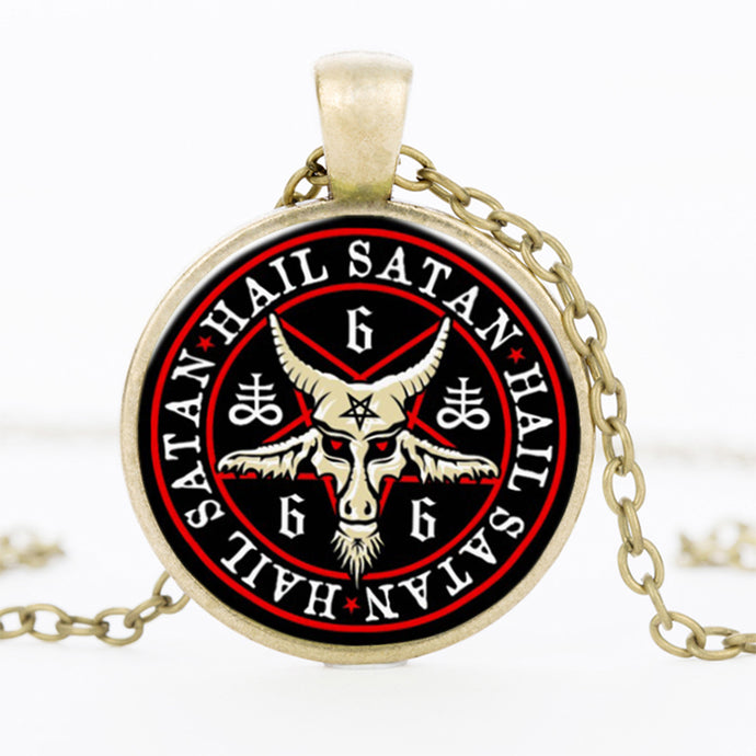 SUTEYI Vintage Bronze Pentagram Necklace Red Goat Head Glass Dome Pendant Baphomet Necklaces For Mens Satanism Gothic Jewelry - 64 Corp