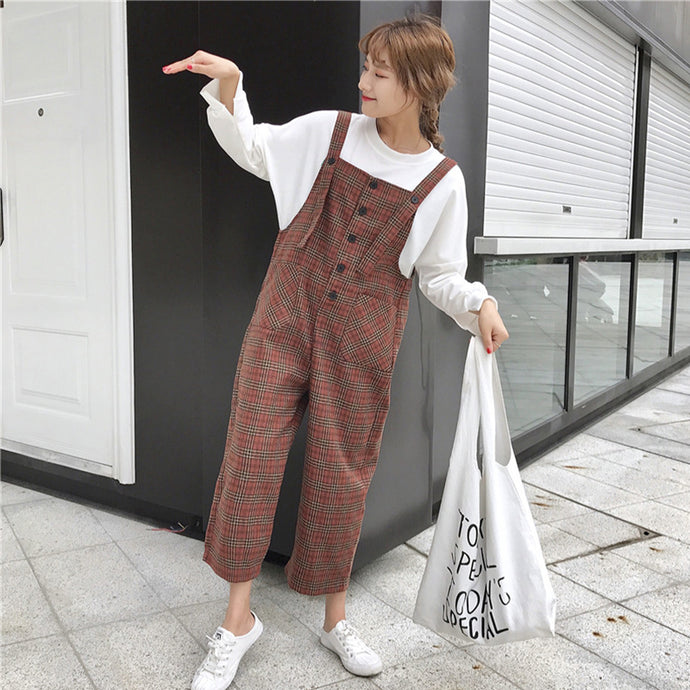 Korean Preppy Style Cute Girls' Overalls Japanese Vintage Casual Loose Plaid Wide Leg Women Pants Strap Backless Cool Jumpsuits - 64 Corp