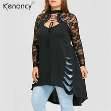 Kenancy Gothic 5XL Plus Size Sexy Lace Trim Cut Out Black T Shirt Women Lace Sleeve Mock Neck High Low Hem Shredded Women Tops - 64 Corp