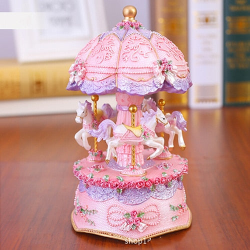 Flashing LED Light Resin Carousel Music Box Kids Girls Valentine's Day Birthday Christmas Gift Toy Wedding Home Decor Crafts