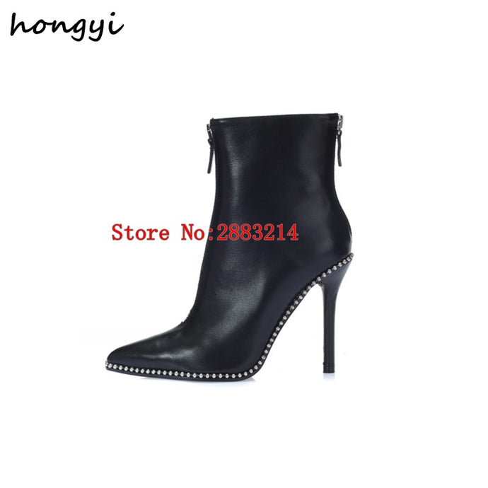 Pointed Toe Sexy Stiltto Woman Studs Embellished Ankle Booties Thin High Heels Black Leather Lady Pumps Boots Shoes Front Zipper - 64 Corp