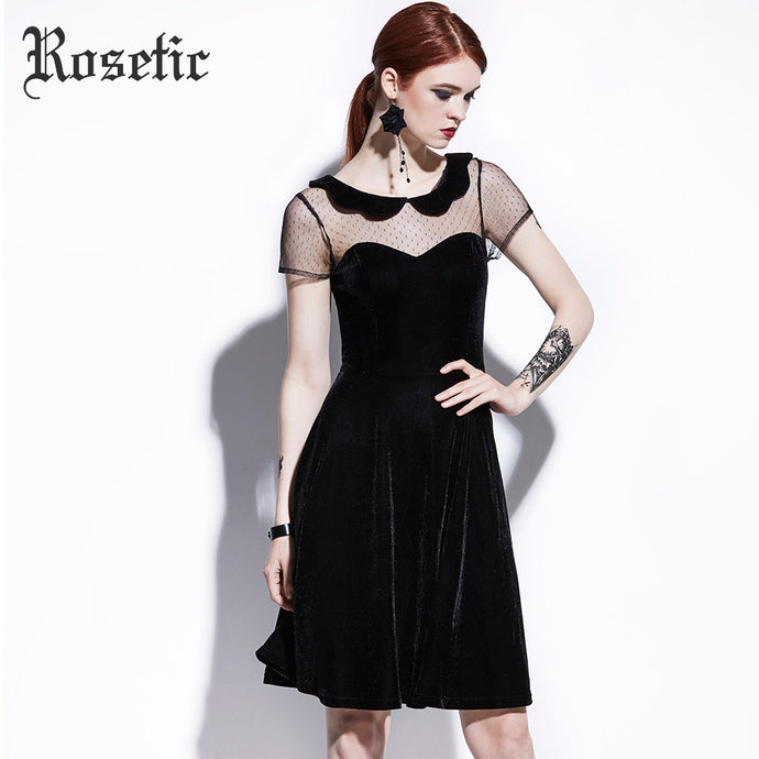 Rosetic Gothic Casual Dress Summer Women Black A-Line Poly Spun Velour Hollow Party Preppy Fashion Slim Mesh Vintage Goth Dress - 64 Corp