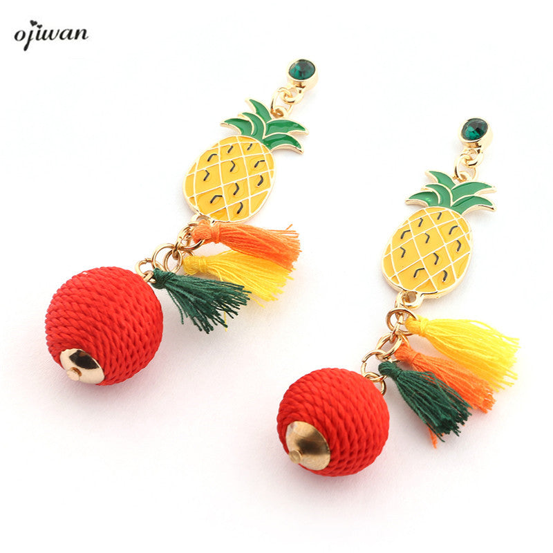 Ojiwan Boho Pineapple Earrings Hippie Tassel Earrings With Stud Cowgirl Summer earrings aritos Red Ball Thread Wrapped Earrings - 64 Corp