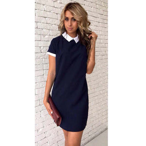 Short Sleeve Patchwork Turn-Down Collar Pink Dark Blue Casual Style  Mini Party Dresses - 64 Corp