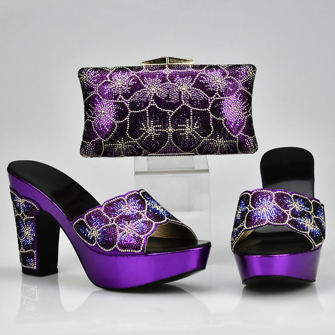 Purple Color Matching Shoe and Bag Set Decorated with Rhinestone African Shoe and Bag Set for Party In Women Italian Ladies Shoe - 64 Corp