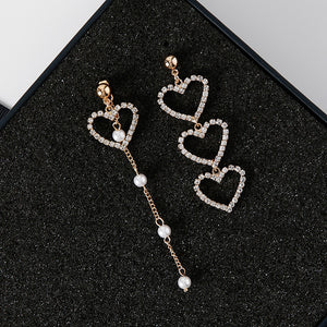 New Korean Charm Pearl Tassel Crystal Love Heart Earrings for Women Fashion Asymmetric Drop Earring Luxury Jewelry - 64 Corp