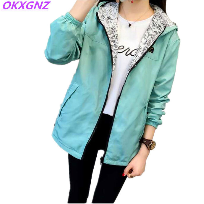 2018 Spring Autumn Women Basic Jacket Pocket Zipper Hooded Two Side Wear Cartoon Print Outwear Loose Coat Windbreaker Female 101 - 64 Corp
