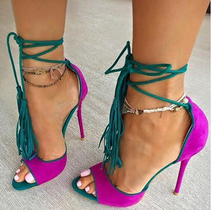 Women Chic Fuchsia Suede Fringe Sandals Concise Ultra High Heels Lace-up Tassel Shoes Rose Red Yellow Cross Tied Dress Pumps - 64 Corp