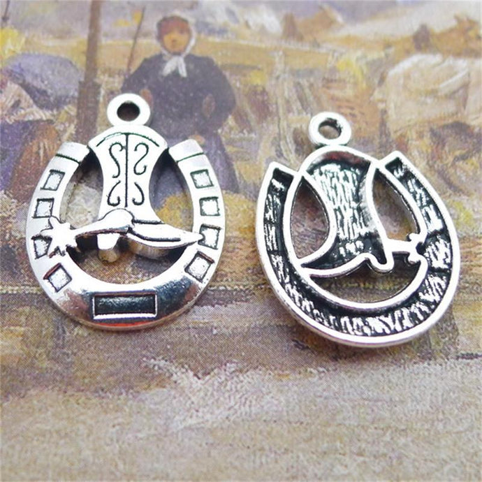 BULK 30 Antique Silver Plated Cowgirl Boots with Horseshoe Charms Lucky Pendants 24*19mm 2.4g - 64 Corp