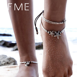 IF ME Vintage Starfish Adjustable Beads Anklet For Women Boho Charms Antique Silver Color Beach Bracelet Ankle Foot Jewelry Gift - 64 Corp