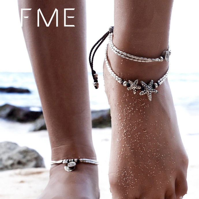 IF ME Vintage Starfish Adjustable Beads Anklet For Women Boho Charms Antique Silver Color Beach Bracelet Ankle Foot Jewelry Gift - 64 Corp