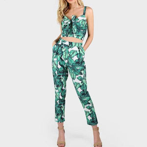 New Front Tie Leaf Print Crop and Matching Pants Set - 64 Corp