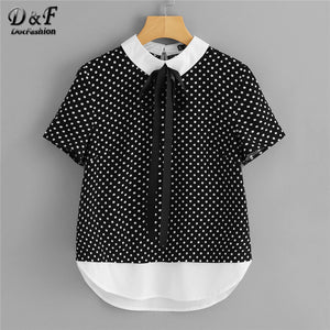 Dotfashion Contrast Tie Neck And Hem Polka Dot Summer Shirt Women Short Sleeve Button Bow Tops 2018 Preppy Style Blouse - 64 Corp