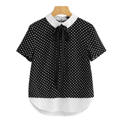 Dotfashion Contrast Tie Neck And Hem Polka Dot Summer Shirt Women Short Sleeve Button Bow Tops 2018 Preppy Style Blouse - 64 Corp
